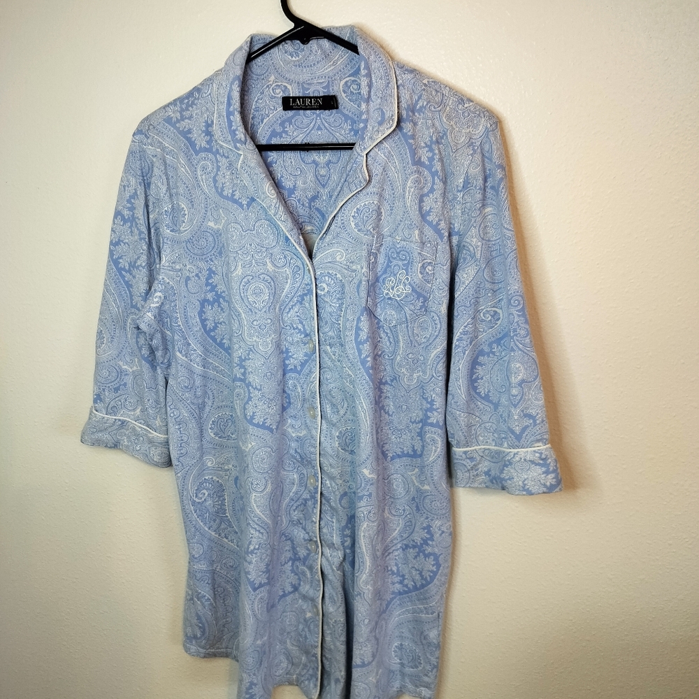 Lauren Ralph Lauren  Blue/White Paisley‎ nightshirt Size L Classic, Preppy